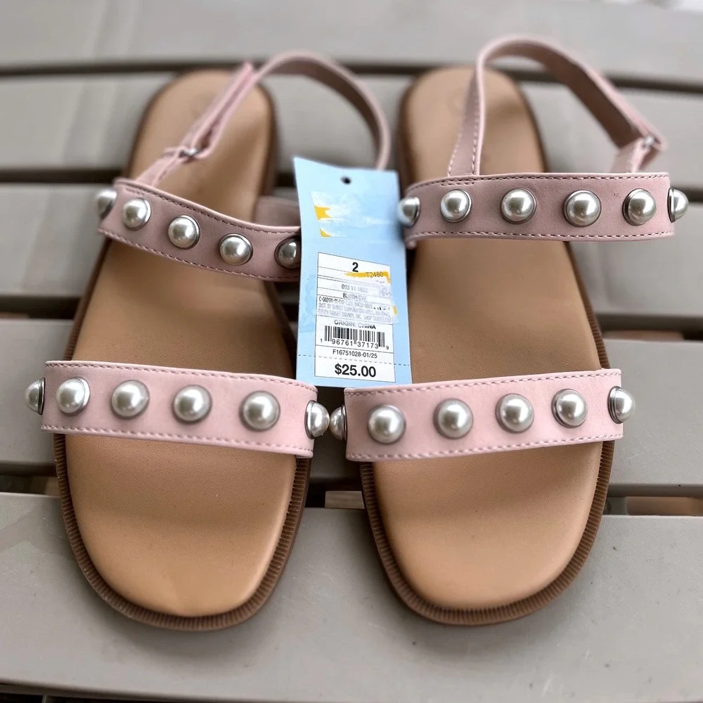 Cat & Jack Girls Pink‎ Pearl Studded Slingback Sandals Size 2 NEW
